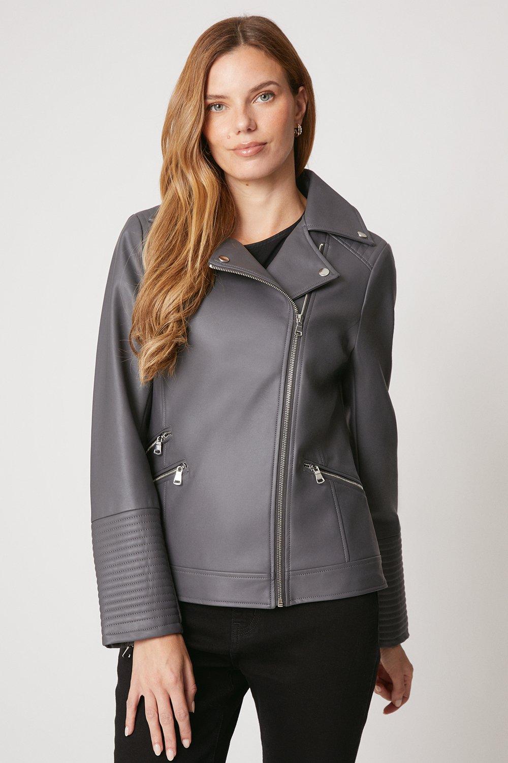 Jackets Coats Dark Grey Faux Leather Biker Jacket Wallis